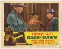 1k737 RAGE AT DAWN LC #2 1955 Randolph Scott standing by guy he beat up inside barn!