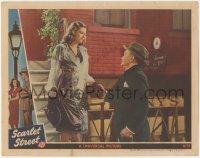 1k792 SCARLET STREET LC 1945 Fritz Lang film noir, Edward G. Robinson w/ Joan Bennett in raincoat!