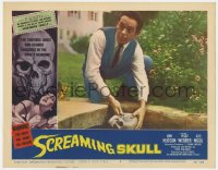 1k793 SCREAMING SKULL LC #4 1958 border art of huge skull & sexy girl, man finds skull!