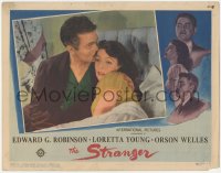 1k857 STRANGER LC 1946 close up of Orson Welles kissing Loretta Young's forehead in bed!