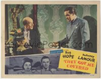 1k881 THEY GOT ME COVERED LC 1943 close up of Bob Hope talking to Donald Meek holding oil lamp!