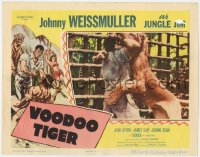1k933 VOODOO TIGER LC 1952 close up of Johnny Weissmuller as Jungle Jim getting mauled by a lion!