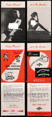 1m289 LOT OF 2 GAS PUMP NOZZLE BROCHURES 1950s sexy images with nudity!