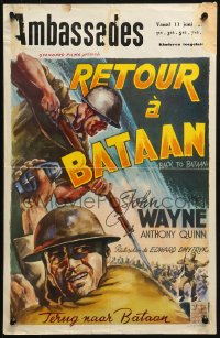 1p285 BACK TO BATAAN Belgian R1950s art of John Wayne & Anthony Quinn in World War II!