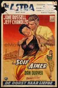 1p297 FOXFIRE Belgian 1955 romantic close up artwork of sexy Jane Russell & Jeff Chandler!