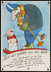 1p041 YOU TAKE THE KIDS East German 23x32 1983 wild art of baby and man skiing by Bofinger!