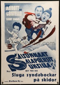 1p380 HIT THE ICE Finnish R1950s art of Ginny Simms w/Bud Abbott & Lou Costello on skis!