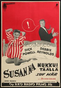 1p419 SUSAN SLEPT HERE Finnish 1955 great artwork of sexy Debbie Reynolds & Dick Powell!