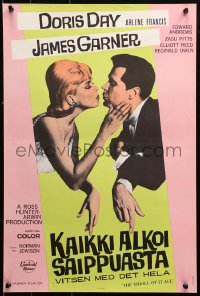 1p425 THRILL OF IT ALL Finnish 1963 wonderful Kiviharju artwork of Doris Day kissing James Garner!