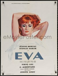1p539 EVA French 24x32 1962 Joseph Losey, art of sexy redhead Jeanne Moreau in bed!