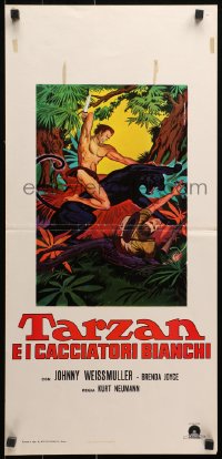 1p808 TARZAN & THE HUNTRESS Italian locandina R1960s Piovano art of Weissmuller slaying panther!
