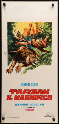 1p810 TARZAN THE MAGNIFICENT Italian locandina R1970s Piovano art of Gordon Scott attacking lion!
