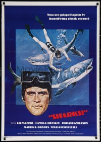 1p221 SIX MILLION DOLLAR MAN: SHARKS Lebanese 1978 Lee Majors, art of scuba diver with huge sharks!