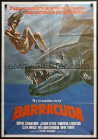 1p236 BARRACUDA Spanish 1979 great artwork of huge killer fish attacking sexy diver in bikini!