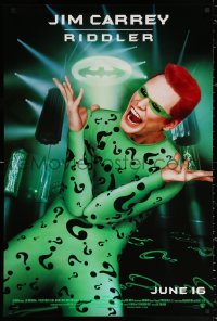 1r475 BATMAN FOREVER advance DS 1sh 1995 cool image of wacky, evil Jim Carrey as The Riddler!