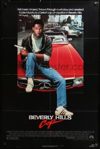 1r489 BEVERLY HILLS COP 1sh 1984 great image of detective Eddie Murphy sitting on red Mercedes!
