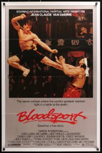 1r502 BLOODSPORT 1sh 1988 cool image of Jean Claude Van Damme kicking Bolo Yeung in his huge pecs!