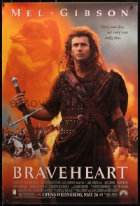 1r509 BRAVEHEART advance 1sh 1995 cool image of Mel Gibson as William Wallace!