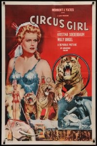 1r526 CIRCUS GIRL 1sh 1956 art of sexy Kristina Soederbaum w/circus tigers & elephants!