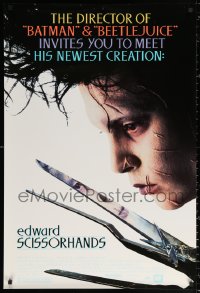1r571 EDWARD SCISSORHANDS 1sh 1990 Tim Burton classic, best close up of scarred Johnny Depp!