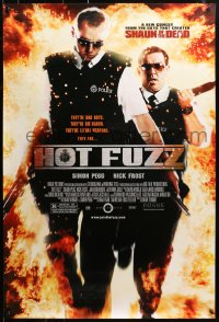 1r642 HOT FUZZ DS 1sh 2007 Edgar Wright, Simon Pegg & Nick Frost walking out of flames!