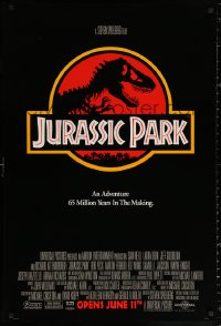 1r687 JURASSIC PARK advance DS 1sh 1993 Steven Spielberg, classic logo with T-Rex over red background
