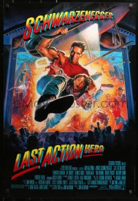 1r699 LAST ACTION HERO 1sh 1993 cool Morgan art of Arnold Schwarzenegger crashing through screen!