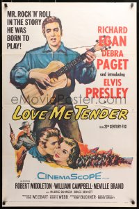 1r724 LOVE ME TENDER 1sh 1956 1st Elvis Presley, artwork with Debra Paget & playing guitar!