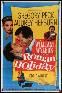 1r039 ROMAN HOLIDAY 26x40 REPRO poster 1980s Hepburn & Peck about to kiss and riding on Vespa!