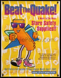 1r329 BEAT THE QUAKE 17x22 special poster 1992 earthquake safety, wacky California art!