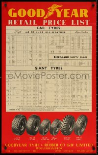 1r215 GOODYEAR 22x35 English advertising poster 1953 cool art of tires, retail price guide!
