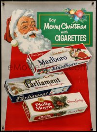 1r229 SAY MERRY CHRISTMAS WITH CIGARETTES 19x26 advertising poster 1950s art of Santa & cigs!