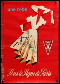 1r235 SOUS LE SIGNE DE PARIS 15x21 French poster 1950s Morvan art of a woman with Paris map dress!