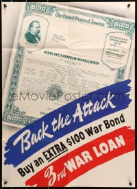 1r135 BACK THE ATTACK 20x28 WWII war poster 1943 Grover Cleveland, buy an extra $100 war bond!