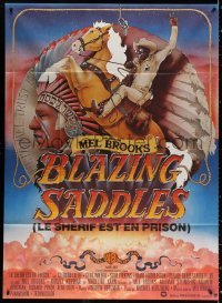 1s594 BLAZING SADDLES French 1p 1975 classic Mel Brooks western, art of Cleavon Little on horse!