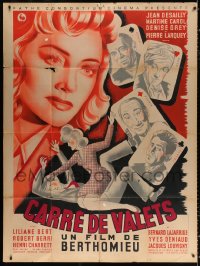1s616 CARRE DE VALETS French 1p 1947 art of Martine Carol with her suitors on playing cards, rare!