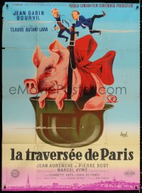 1s694 FOUR BAGS FULL French 1p 1956 Jean Gabin, Bourvil, art of giant pig in helmet by Hurel!
