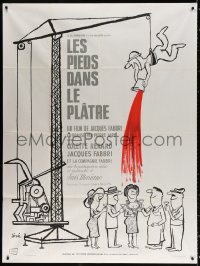 1s796 LES PIEDS DANS LE PLATRE French 1p 1965 Sine art of guy on crane dumping red paint on people!