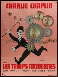 1s838 MODERN TIMES French 1p R1970s Leo Kouper art of Charlie Chaplin running by giant gears!