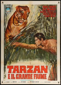 1s523 TARZAN & THE GREAT RIVER Italian 1p 1968 different art of barechested Mike Henry with tiger!