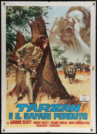1s526 TARZAN & THE LOST SAFARI Italian 1p R1970s cool Piovano art of Gordon Scott & female hunter!