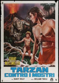 1s528 TARZAN'S DESERT MYSTERY Italian 1p R1970s Piovano art of Weissmuller, Sheffield & dinosaur!