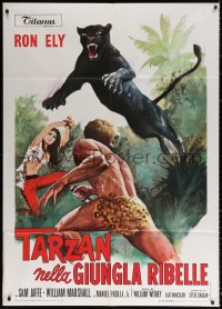 1s530 TARZAN'S JUNGLE REBELLION Italian 1p 1971 art of Ely & sexy girl attacked by black panther!