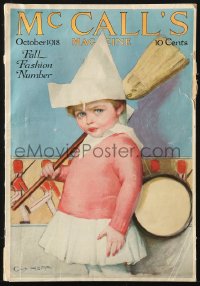 1s058 MCCALL'S magazine October 1918 great Guy Hoff cover art of child with broom & paper hat!