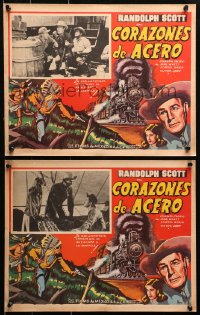 1s183 CANADIAN PACIFIC 7 Mexican LCs 1950 cowboy Randolph Scott, Jane Wyatt, Victor Jory, cool art!