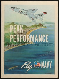 1s098 FLY NAVY 14x19 military recruiting poster 1960s art of jet over coast, peak performance!