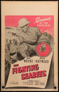 1s284 FIGHTING SEABEES WC 1944 art of Navy man John Wayne carrying pretty Susan Hayward in WWII!