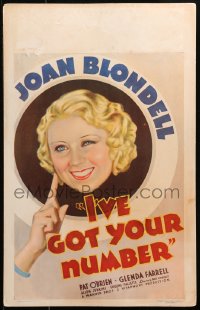 1s296 I'VE GOT YOUR NUMBER WC 1934 great artwork of pretty smiling Joan Blondell, very rare!