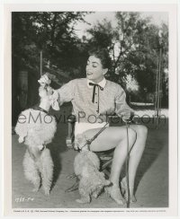 1t345 FEMALE ON THE BEACH candid 8.25x10 still 1955 Joan Crawford playing w/poodles between scenes!