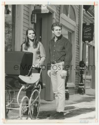 1t746 PEYTON PLACE TV 7.25x9 still 1967 Leigh Taylor-Young & Ryan O'Neal with baby carriage!